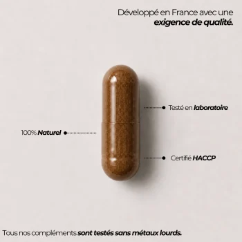 Gélule de saw palmetto Nutriforce et ses repères qualité : développée en France, testée en laboratoire, certifiée HACCP et contrôlée sans métaux lourds