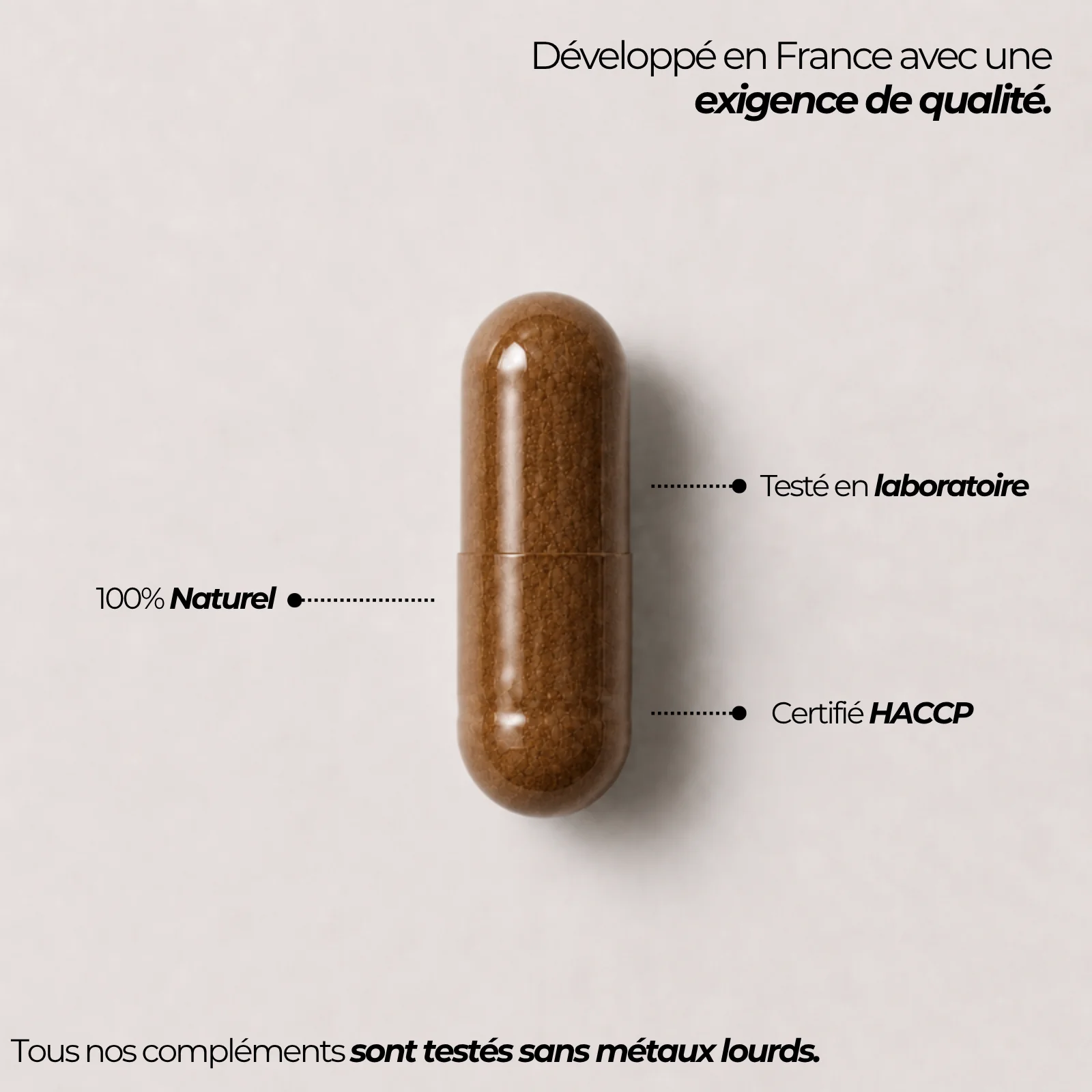 Gélule de saw palmetto Nutriforce et ses repères qualité : développée en France, testée en laboratoire, certifiée HACCP et contrôlée sans métaux lourds