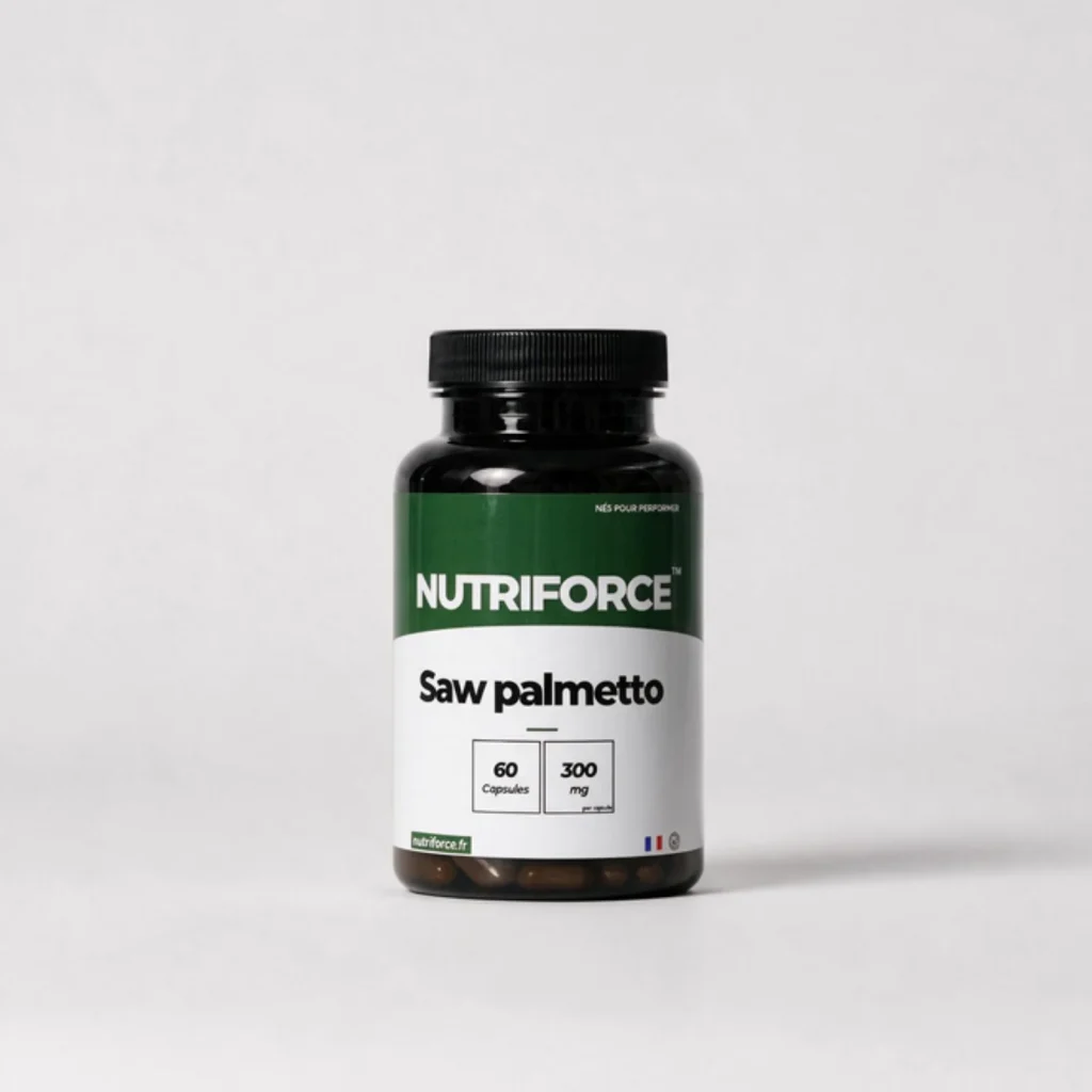 Pot de saw palmetto Nutriforce : 60 gélules apportant chacune 300 mg d'extrait de Serenoa repens concentré au ratio 100:1