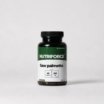 Pot de saw palmetto Nutriforce : 60 gélules apportant chacune 300 mg d'extrait de Serenoa repens concentré au ratio 100:1