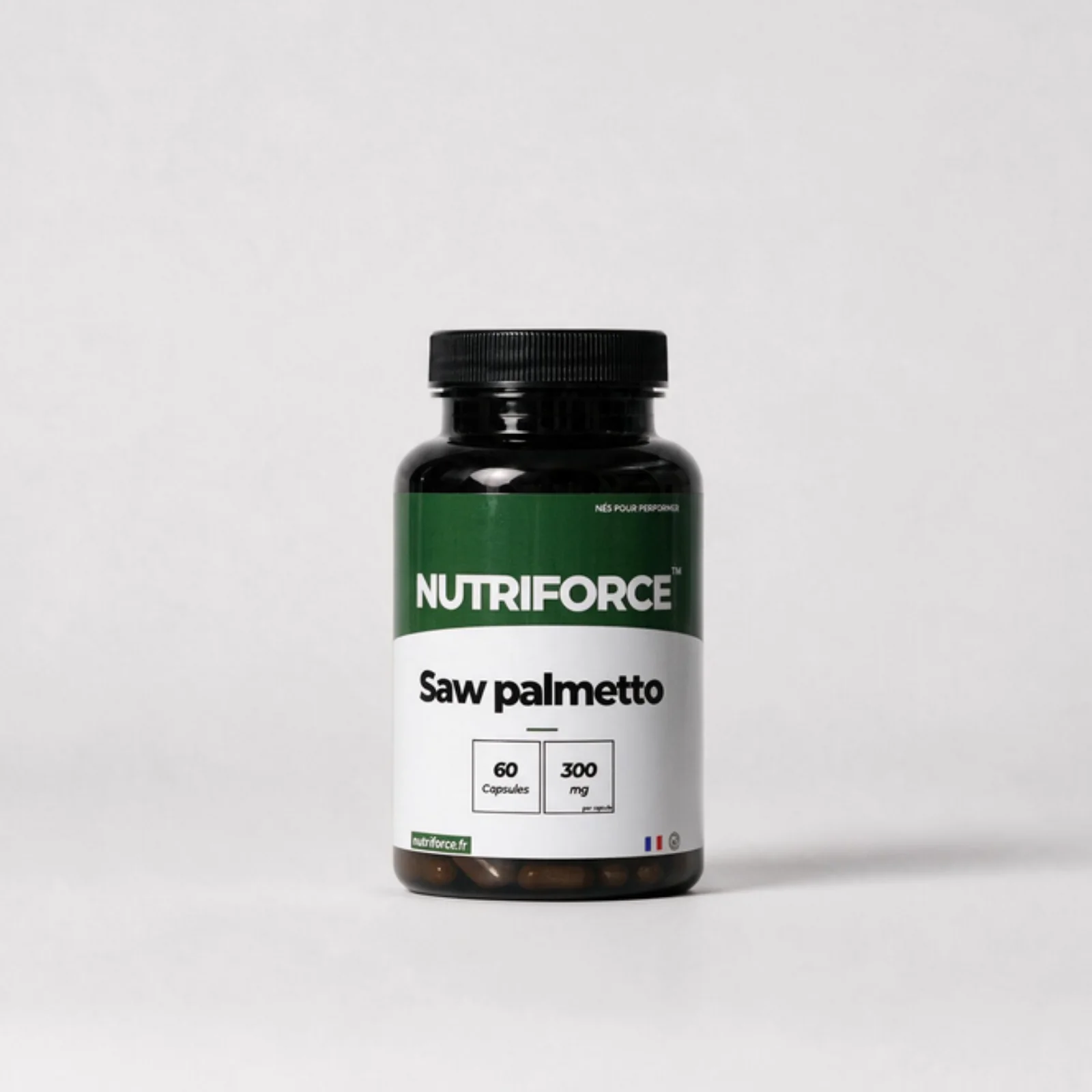Pot de saw palmetto Nutriforce : 60 gélules apportant chacune 300 mg d'extrait de Serenoa repens concentré au ratio 100:1