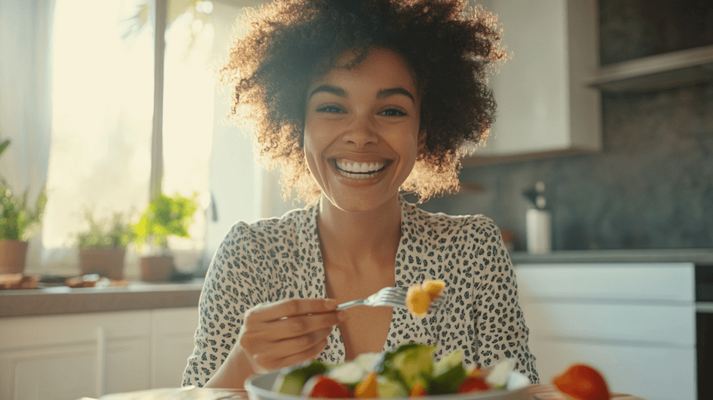 Image d'une femme souriante qui tiens une fourchette dans sa main et mange une assiette d le légume. L'image montre l'importance des repas riche en glucide pour le guide de l'alimentation et de la prise de masse