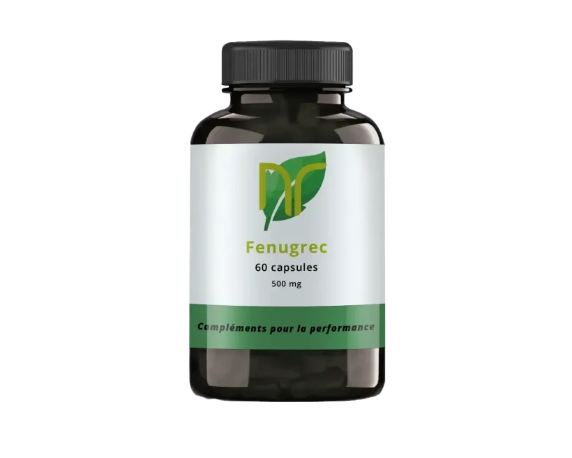 photo d'une boite de complément alimetnaire de fenugrec pour ses bienfaits sur la testostérone et faire grossir chez l'homme. Le fenugrec est une graine mise en gélule qui aide pour grossir et prendre du poids en musculation avec un boost de testostérone.