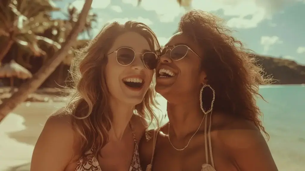 encore une photo, cette fois ci avec une femme blanche et une femme noire qui bronzent a la plage, elles prennent des compléments alimentaires pour le bronzage, des autobronzants naturels