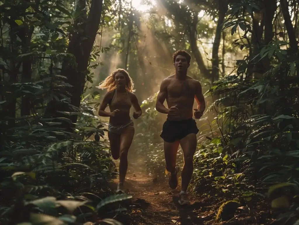 photo de coureurs, un homme et une femme qui courent dans la foret. Ils consomment du reishi, le champignon qui permet d'améliorer sa capacité respiratoire et son endurance. Le reishi renforce la santé des poumons comme on peut le voir sur la photo