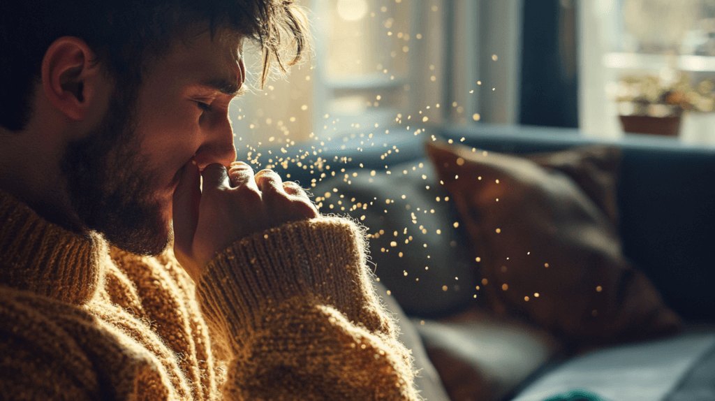 Un homme entrain d'éternuer avec du pollen autour