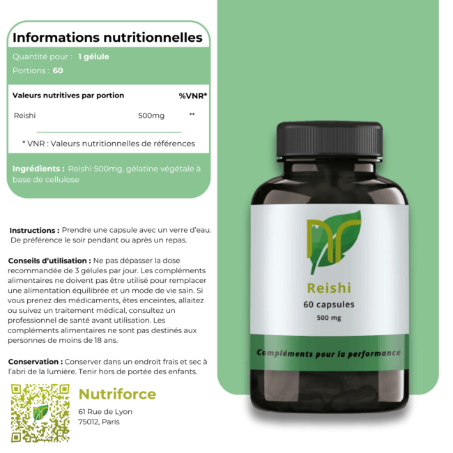 image de la fiche produit du complément alimentaire de reishi nutriforce pour ses différents bienfaits sur la santé. Le reishi est le champignon à consommer pour améliorer sa santé sans danger