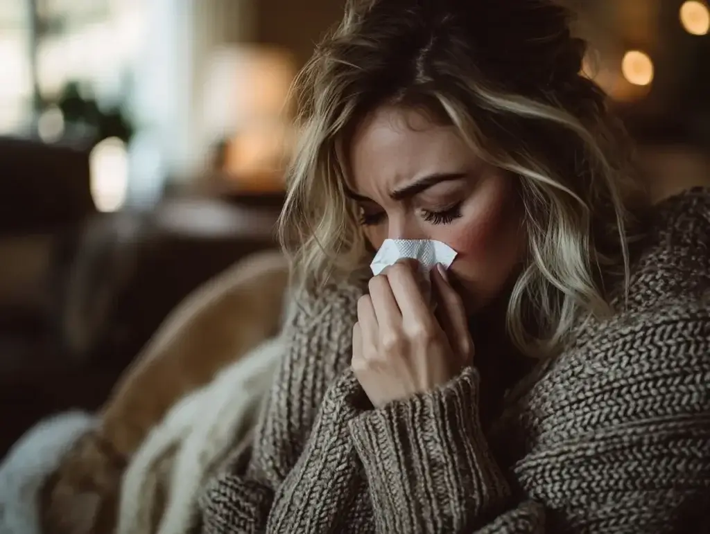 Photo d'une femme malade qui se mouche, elle a un mauvais système immuniatire et pourrait le renforcer en consommant du reishi. C'est un champignon qui améliore l'immunité et évite de tomber malade