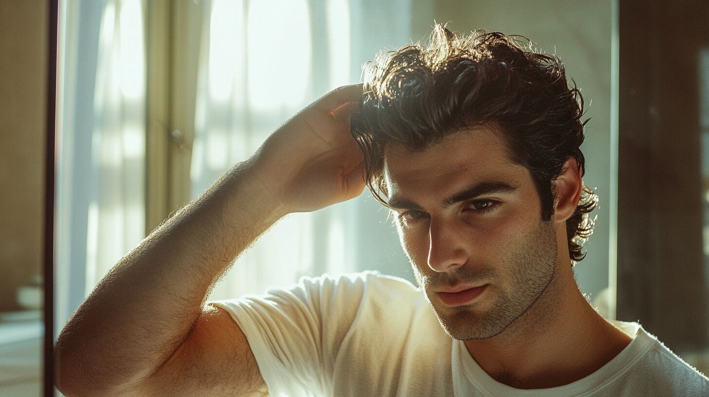 Homme qui se regarde dans le miroir. Il et inquiet de sa perte de cheveux.