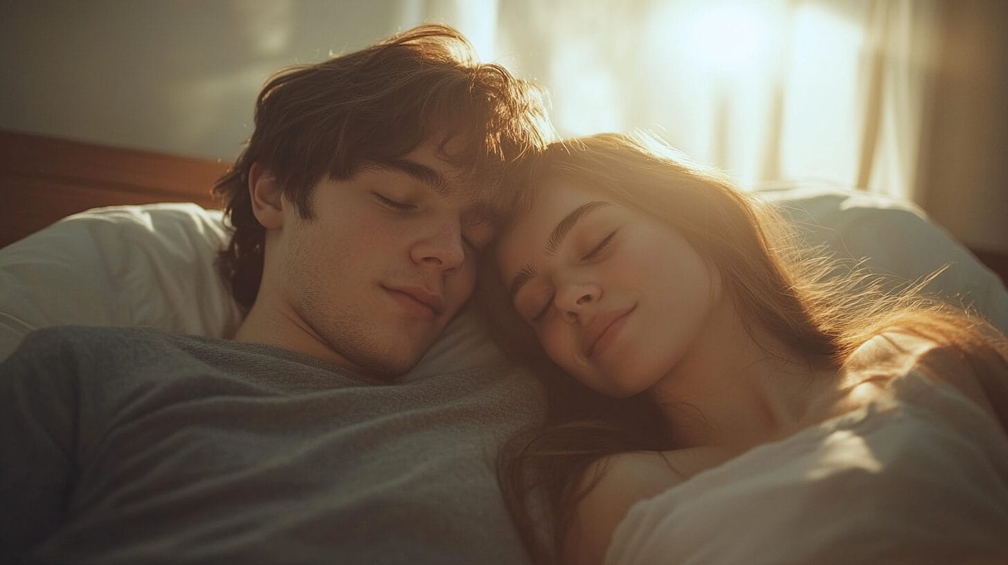 Un homme et une femme allongé sur lit. Ils ont passé une bonne nuit de sommeil