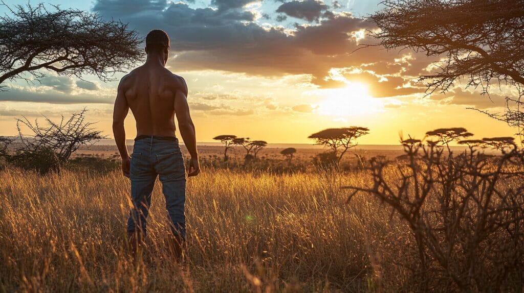 Un bel homme musclé dans la savane désertique, il prends du yohimbe une plante africaine pour sa santé.