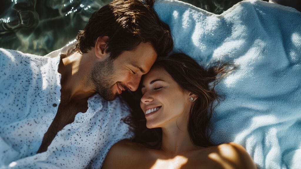 Un homme et une femme se regarde tendrement allongé sur une serviette de plage. L'homme est content d'avoir augmenter sa libido