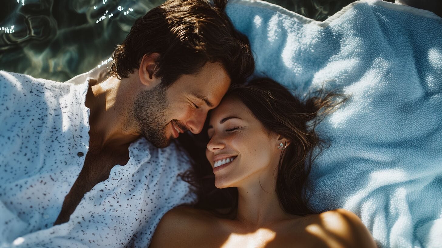 Un homme et une femme se regarde tendrement allongé sur une serviette de plage. L'homme est content d'avoir augmenter sa libido