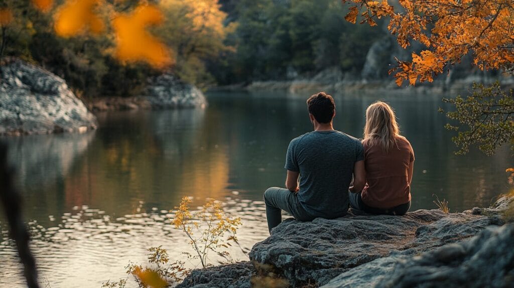 Un homme et une femme sont entrain de se detendre pour baisser leur stress au bords d'une rivière.