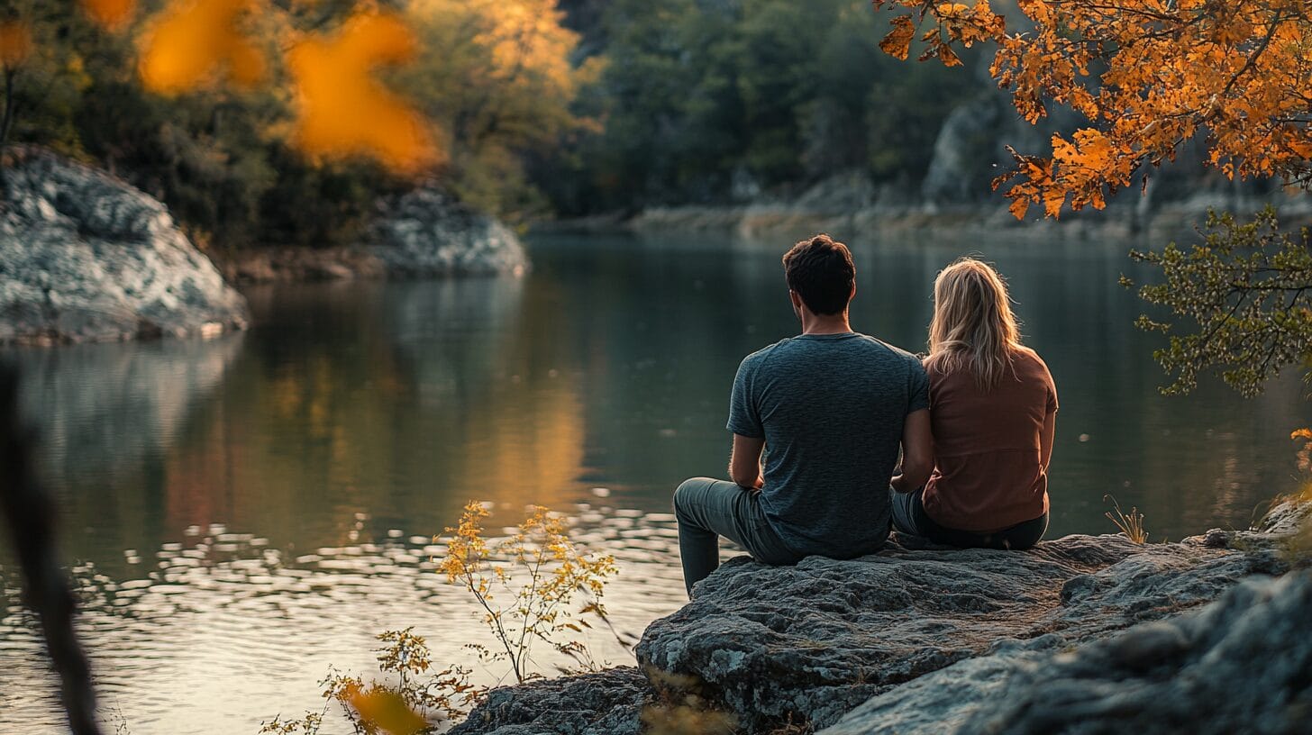 Un homme et une femme sont entrain de se detendre pour baisser leur stress au bords d'une rivière.