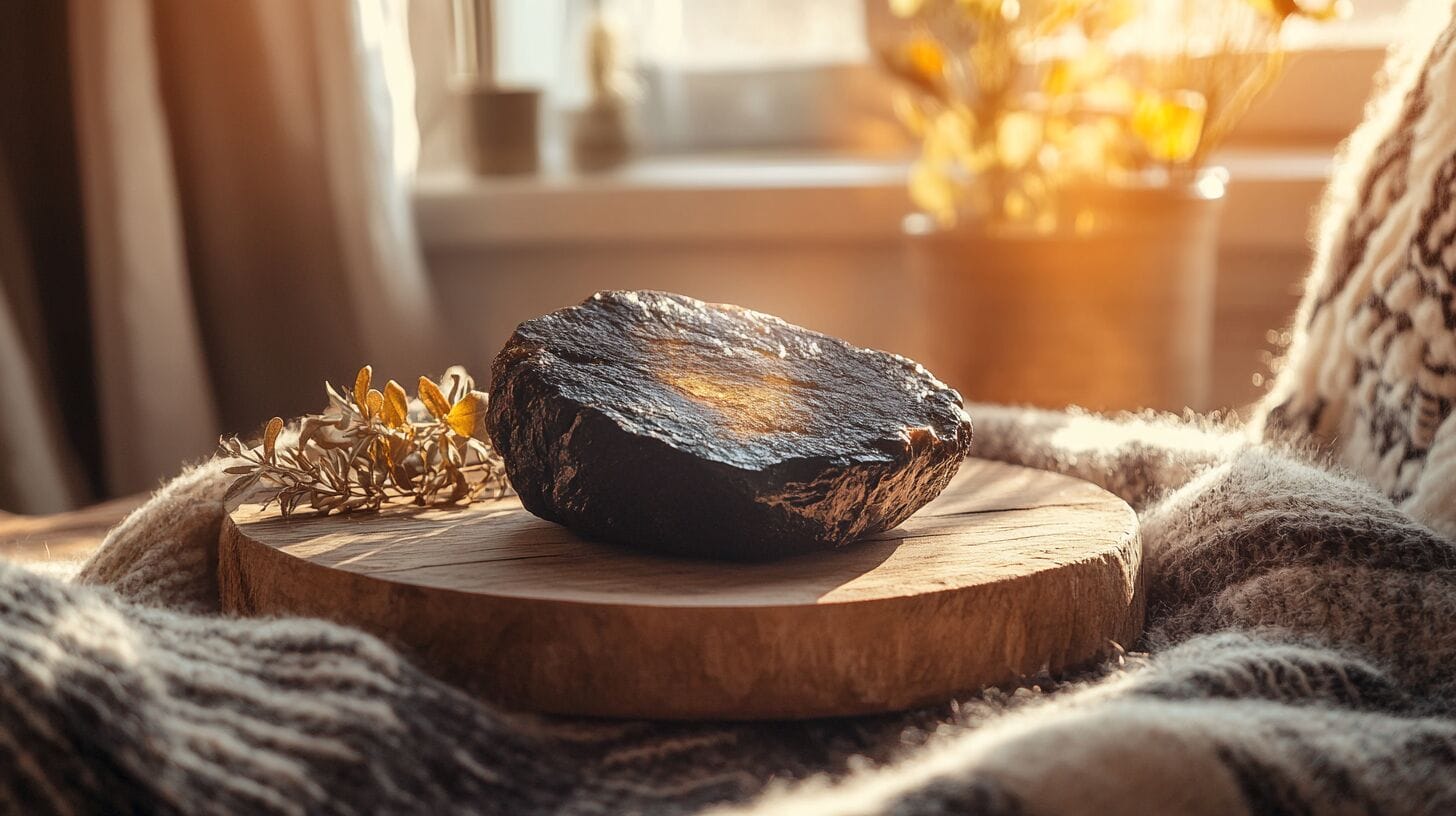 shilajit pure​ disposé sur une tablette en bois