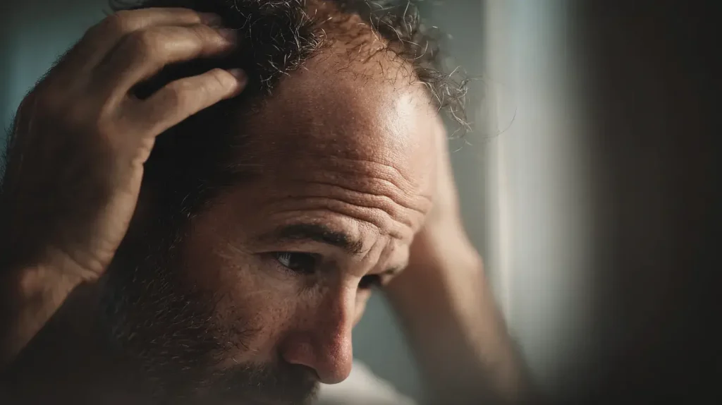 homme inquiet perdant ses cheveux pouvant être lié à des carences améliorées par les bienfaits de la chlorelle