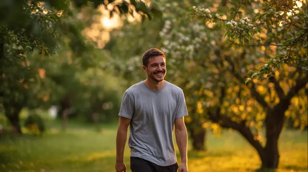 homme souriant dans un parc en pleine forme grâce aux bienfaits de la chlorella
