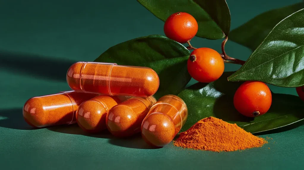 Gélules roses de camu camu avec poudre naturelle et baies fraîches illustrant les bienfaits camu camu