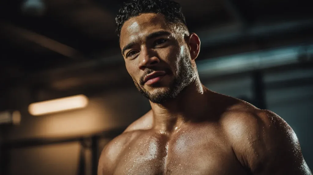 Homme légèrement musclé dans une salle de sport moderne illustrant les bienfaits du camu camu pour l’énergie et la performance physiqu