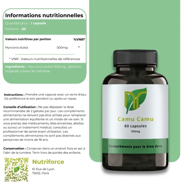 image de la fiche produit de la Myrciaria dubia souvent appelée camu camu, on voit la boite de compléments a coté des informations comme perte de poids ou les autres bienfaits