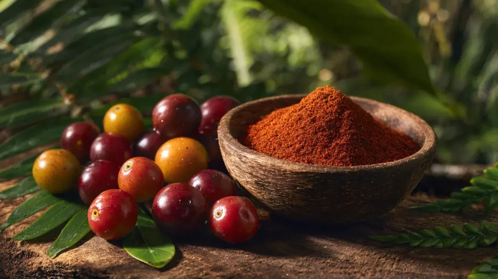 Baies fraîches de camu camu avec poudre rose riche en vitamine C mettant en avant les bienfaits camu camu