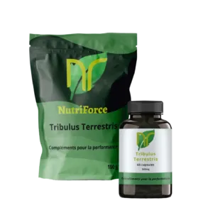Photo de poudre et de gélules de Tribulus Terrestris maximus. Sur la photo on voit que le complément est un booster de testostérone naturel