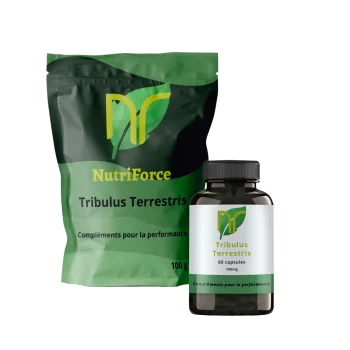 Photo de poudre et de gélules de Tribulus Terrestris maximus. Sur la photo on voit que le complément est un booster de testostérone naturel