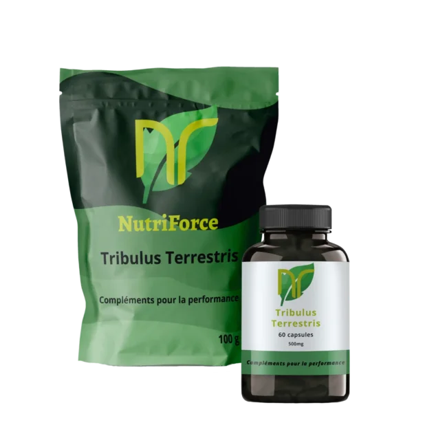 Photo de poudre et de gélules de Tribulus Terrestris maximus. Sur la photo on voit que le complément est un booster de testostérone naturel