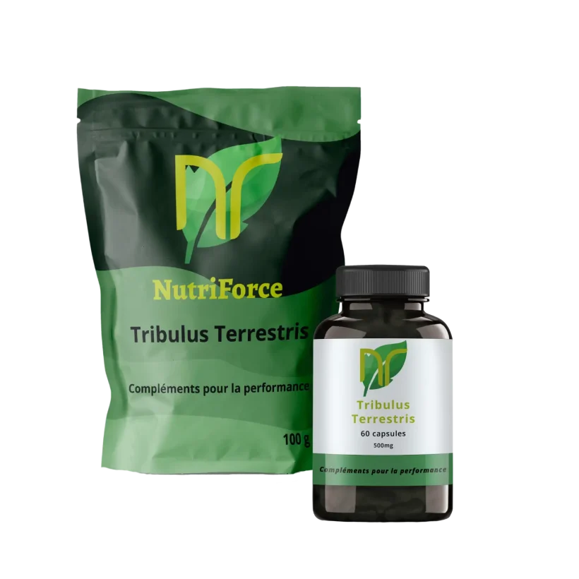 Photo de poudre et de gélules de Tribulus Terrestris maximus. Sur la photo on voit que le complément est un booster de testostérone naturel