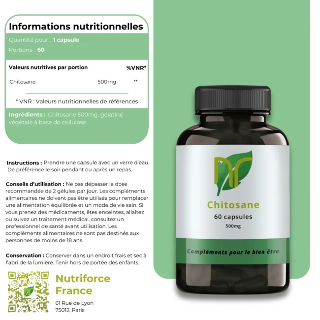 photo de chitosane appelé aussi chitosan, cette photo est la fiche du complément alimentaire avec ses informations pour les cheveux et la perte de poids