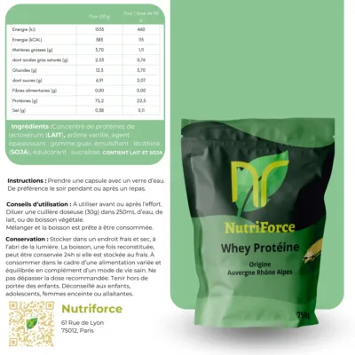 cette image est la fiche nutritionelle de la whey protéine isolate vanille de nutriforce france