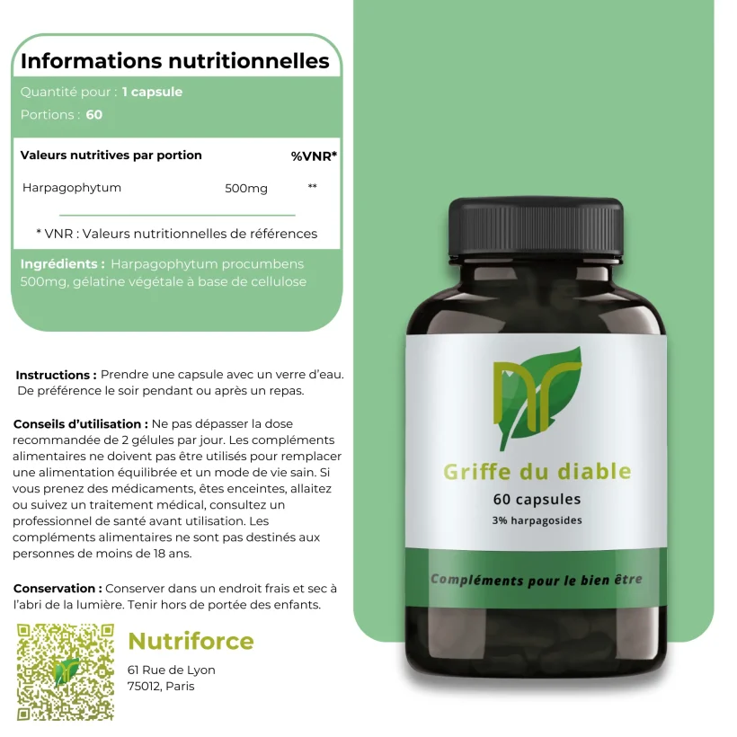 image de la fiche produit du complément de griffe du diable, on voit que le nom réel du complément est Harpagophyton ou Harpagophytum procumbens , un complément pour la perte de poids est écrit en gros et on voit également les bienfaits et dangers du complément