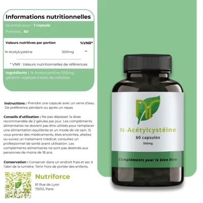 image de la fiche produit de la n aceyl cystéine souvent écrit n-acetylcystéine , un complément alimentaire aux nombreux bienfaits et sans dangers comme on peut le voir écrit