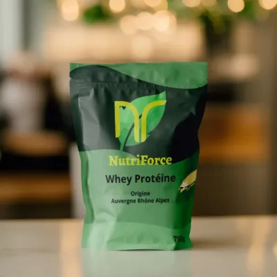 Photo d'un sachet de whey protéine isolate vanille de la marque Nutriforce France, posé sur une table de cuisine pour la prise de muscle