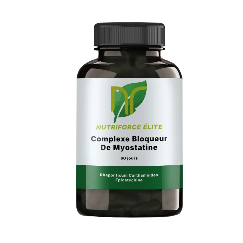 photo d'un bloqueur et inhibiteur de myostatine naturel en boite de 60 capsules, il s'agit d'un complément alimentaire naturel nutriforce pour bloquer la myostatine naturellement