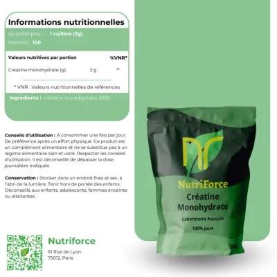 image de la fiche nutritionnelle de la créatine monohydrate creapure nutriforce france