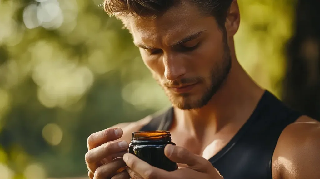 jeune homme qui tient un bocal de shilajit