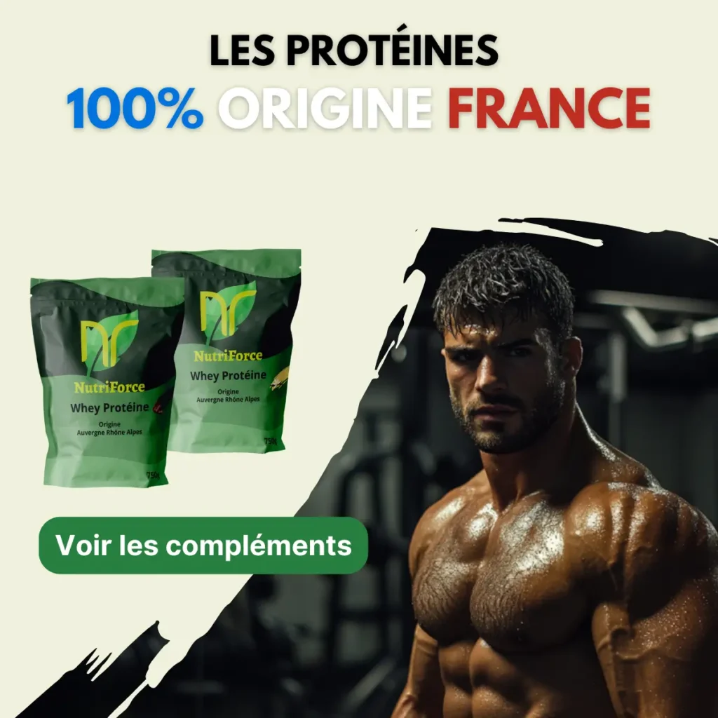 sur cette bannière, on voit deux sachets de whey protéine vanille et chocolat isolate, ces protéine sont françaises et de très haute qualité