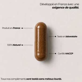 Gélule du complexe bloqueur de myostatine Nutriforce : produite en France, testée en laboratoire, certifiée HACCP et contrôlée sans métaux lourds