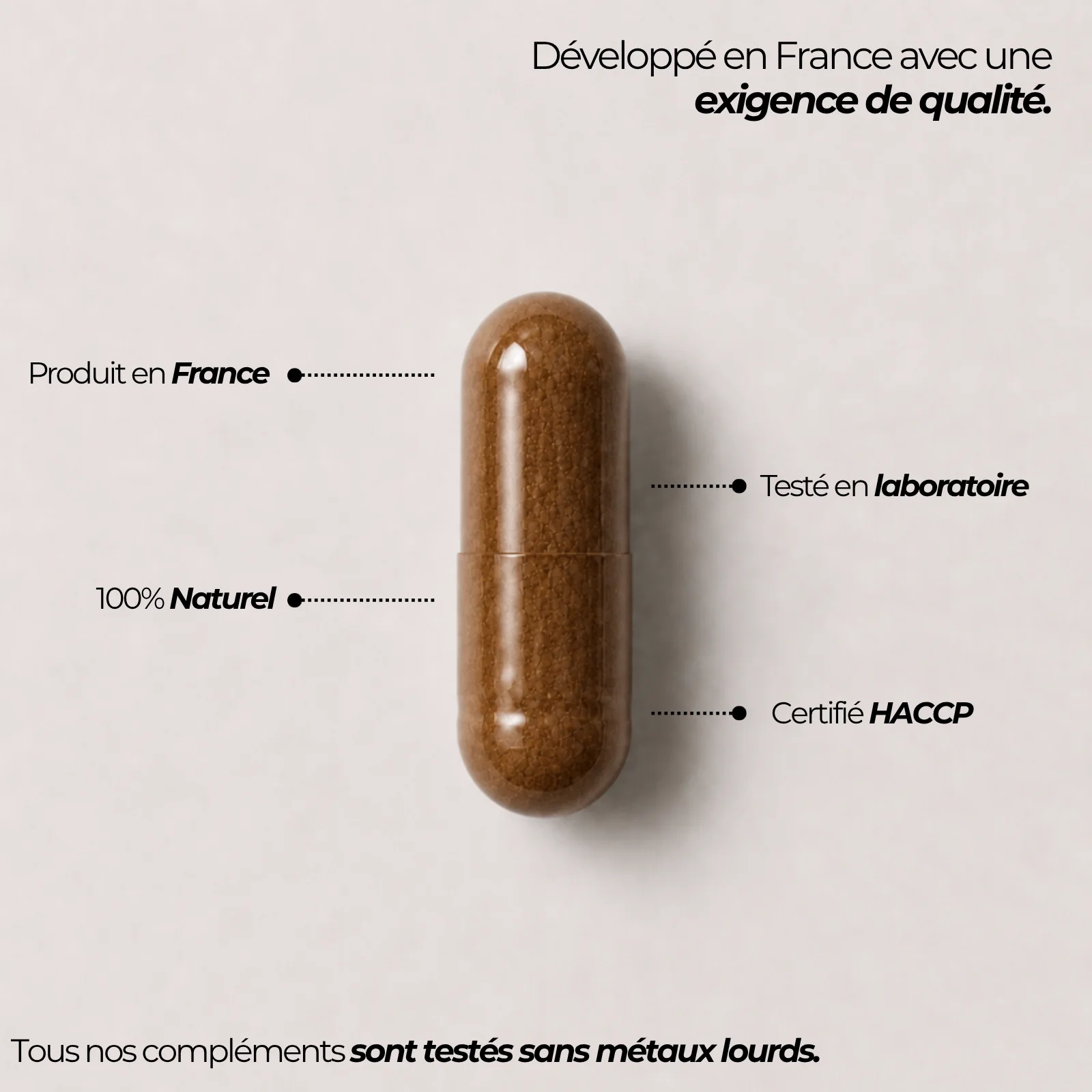 Gélule du complexe bloqueur de myostatine Nutriforce : produite en France, testée en laboratoire, certifiée HACCP et contrôlée sans métaux lourds