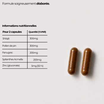 Tableau nutritionnel du booster de testostérone Nutriforce pour 2 capsules : 300 mg de shilajit, 300 mg de pollen de pin, 200 mg de fenugrec, 200 mg de Spilanthes acmella, 5 mg de zinc (50 % VNR)