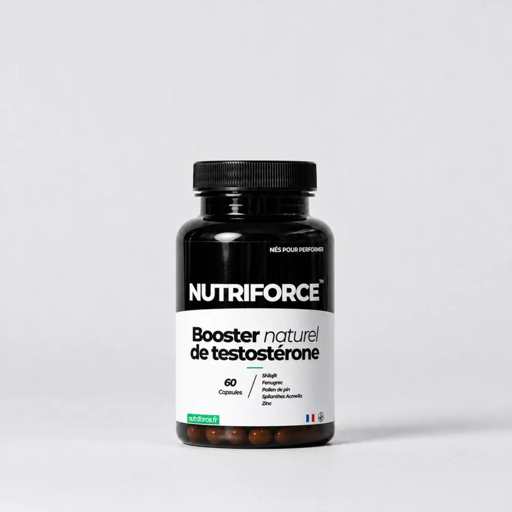 Pot du booster de testostérone naturel Nutriforce, 60 gélules associant shilajit, fenugrec, pollen de pin, Spilanthes acmella et zinc