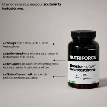 Pot du complexe booster de testostérone Nutriforce et ses actifs : shilajit à 80 % d'acide fulvique, pollen de pin, fenugrec, Spilanthes acmella et zinc