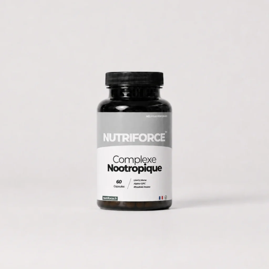 Pot de Complexe nootropique Nutriforce, complément alimentaire pour la mémoire, 60 capsules associant alpha-GPC, rhodiola et crinière de lion