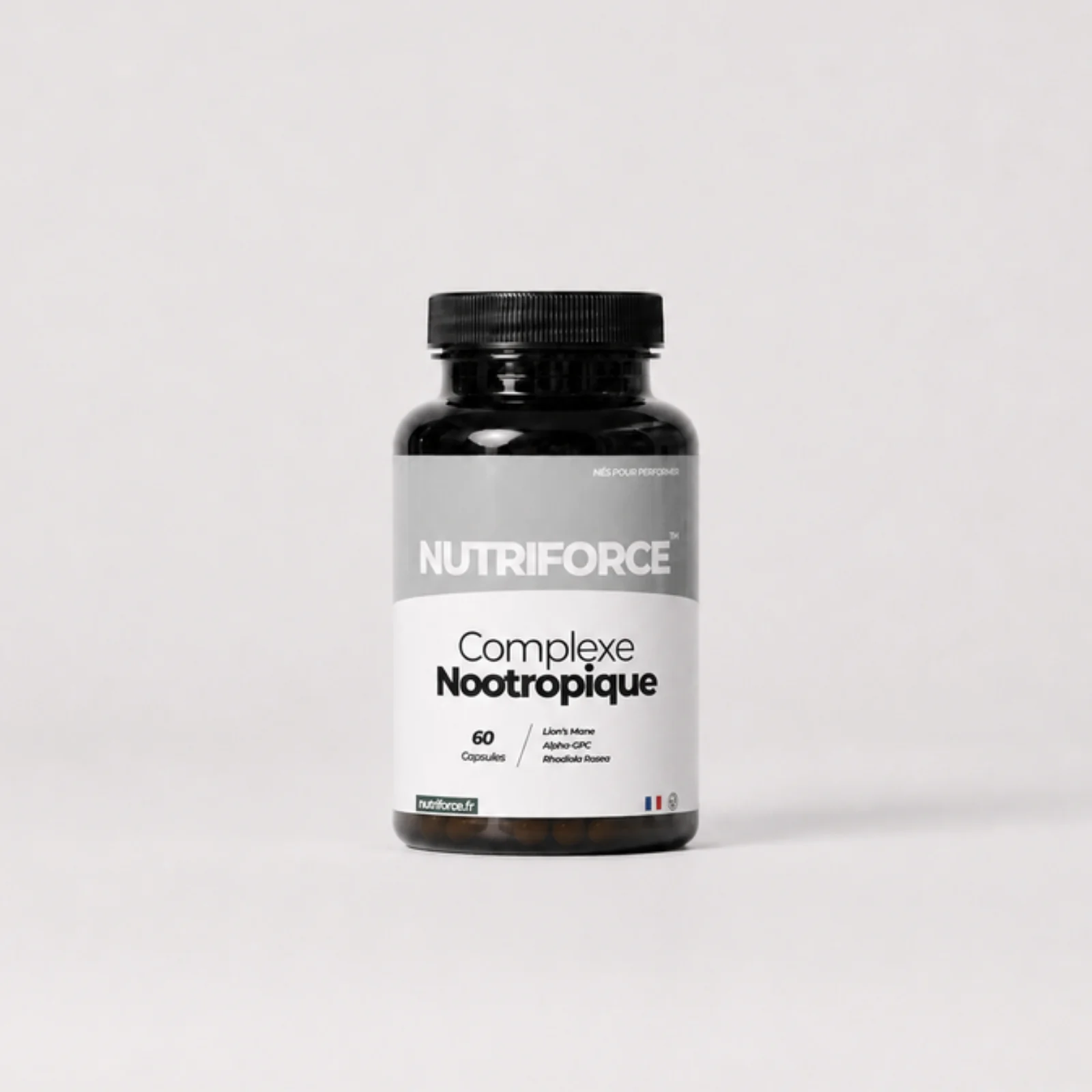 Pot de Complexe nootropique Nutriforce, complément alimentaire pour la mémoire, 60 capsules associant alpha-GPC, rhodiola et crinière de lion