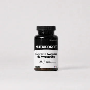 Pot du complexe bloqueur de myostatine Nutriforce : 60 capsules associant 250 mg d'extrait de rhaponticum et 150 mg d'épicatéchine par gélule