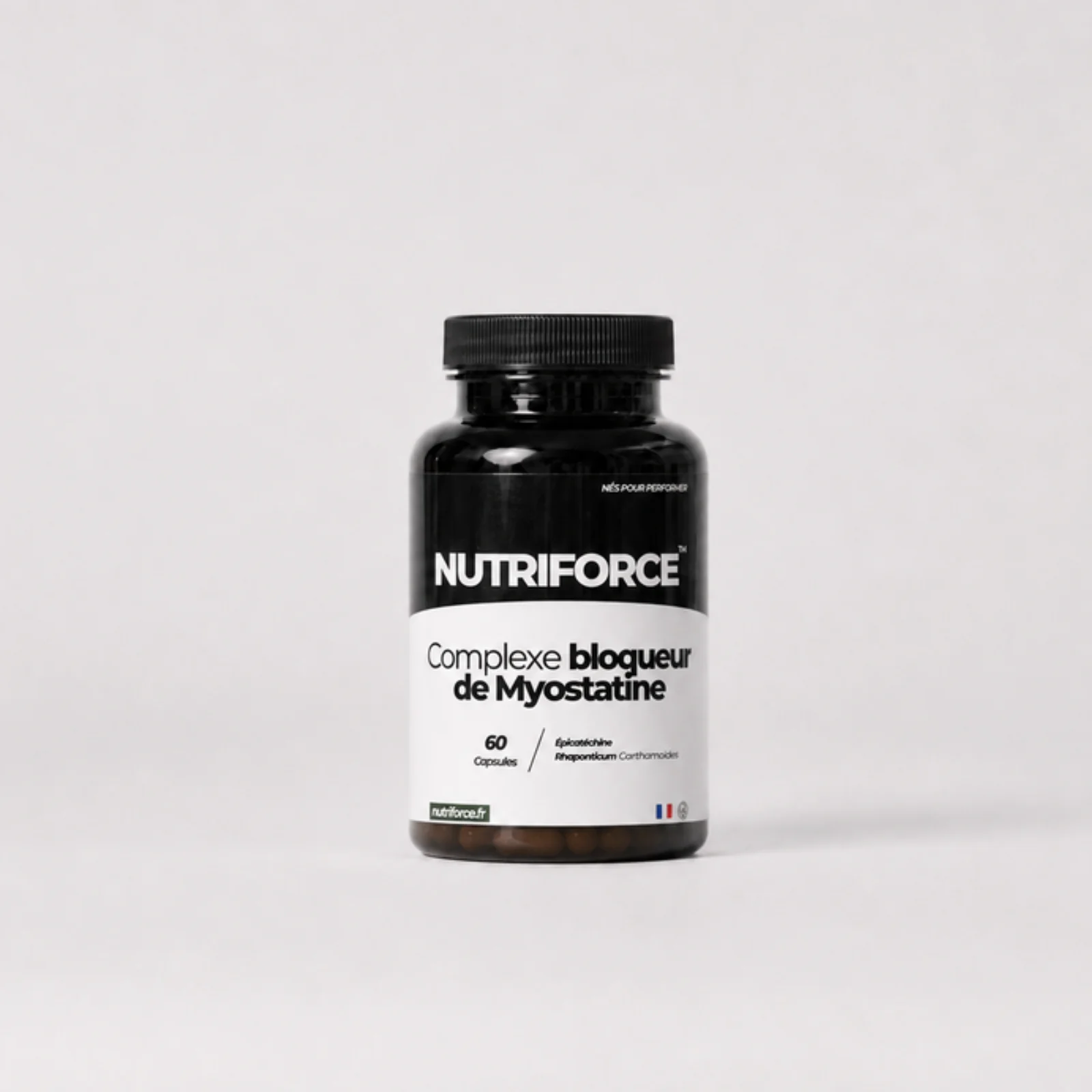 Pot du complexe bloqueur de myostatine Nutriforce : 60 capsules associant 250 mg d'extrait de rhaponticum et 150 mg d'épicatéchine par gélule
