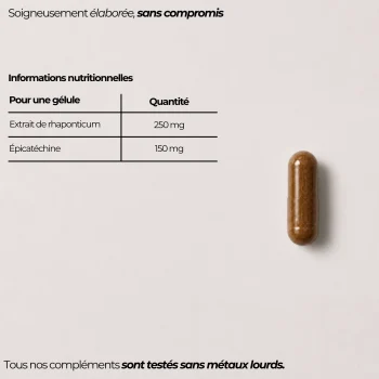 Tableau nutritionnel du complexe bloqueur de myostatine Nutriforce pour une gélule : 250 mg d'extrait de rhaponticum et 150 mg d'épicatéchine