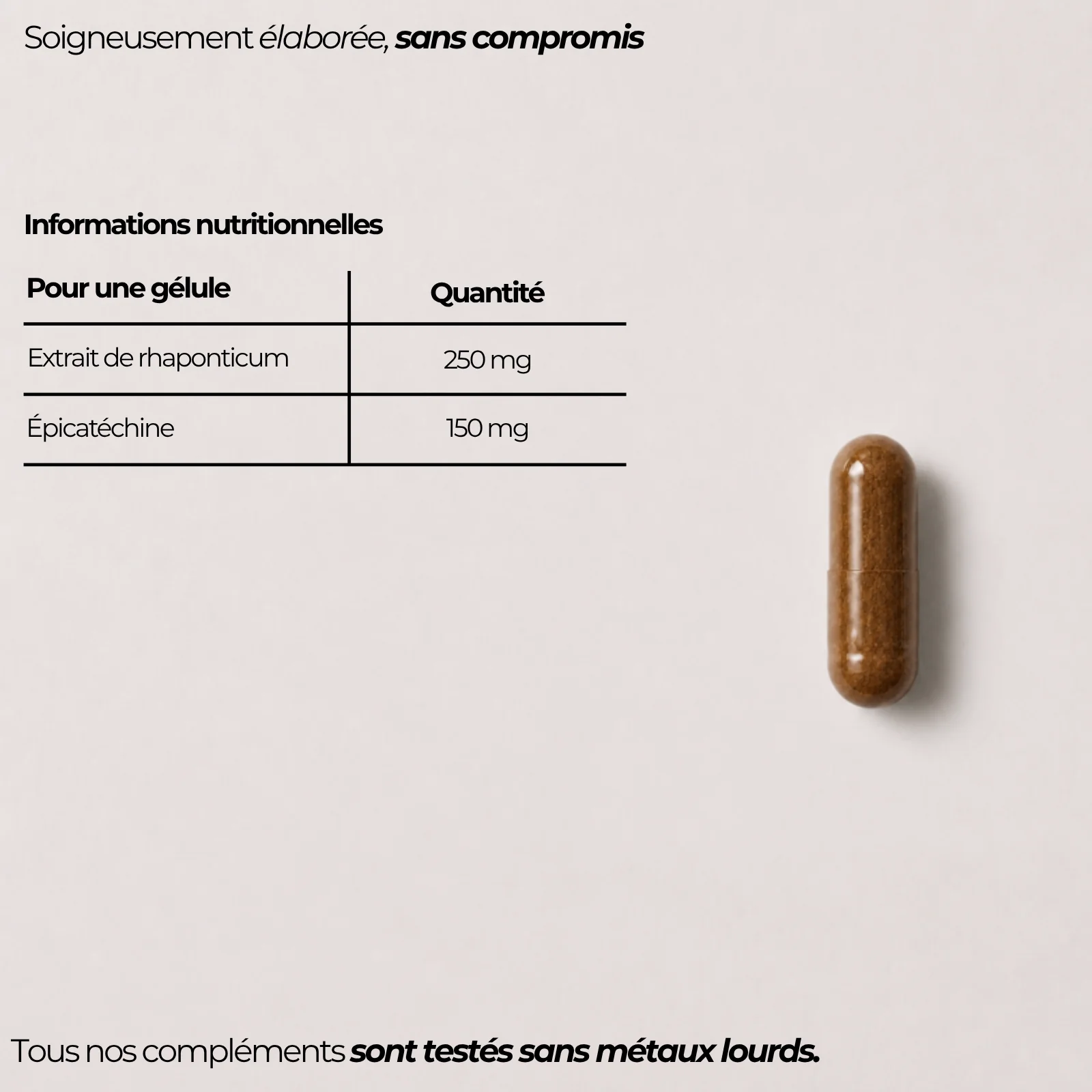 Tableau nutritionnel du complexe bloqueur de myostatine Nutriforce pour une gélule : 250 mg d'extrait de rhaponticum et 150 mg d'épicatéchine